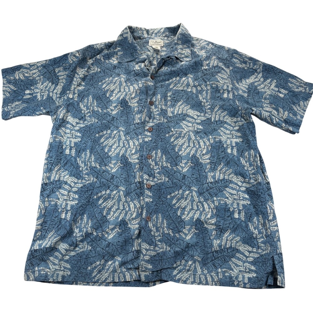 L.L. Bean Button Down Shirt Mens L Blue Tropical Leaf All Over Print Beach Surf